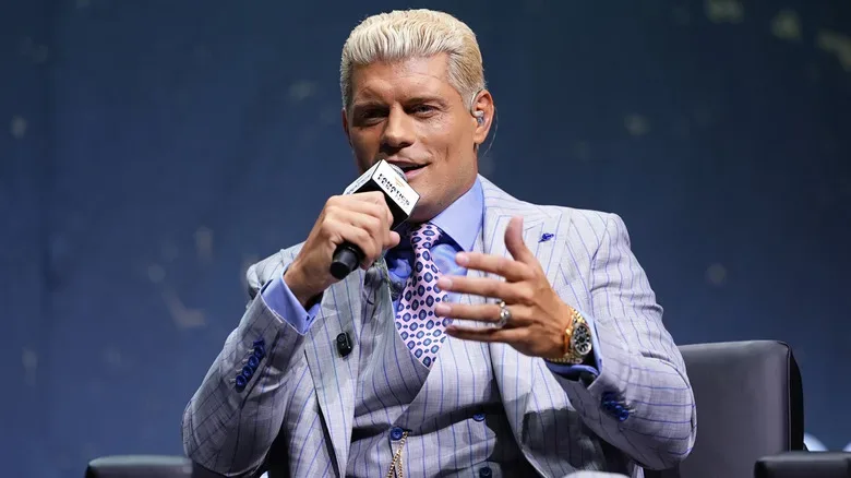 WWE star Cody Rhodes answers a question during a press event