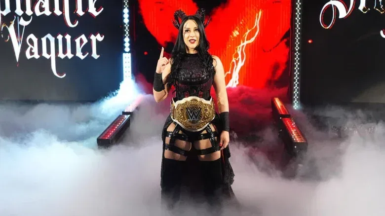 Women's World Champion Stephanie Vaquer poses on the ramp, title around her waist, during the September 14, 2026 edition of "WWE Raw" from Mexico City.