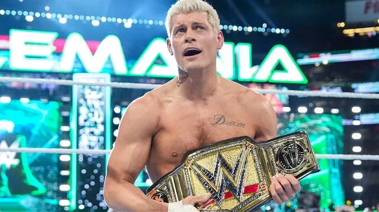 Cody Rhodes holding the Undisputed WWE Universal Championship after defeating Roman Reigns for the title at WrestleMania XL