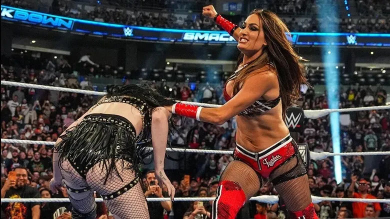 Paige ducks out of a strike from Nikki Bella during their match on the September 11 edition of "WWE SmackDown"