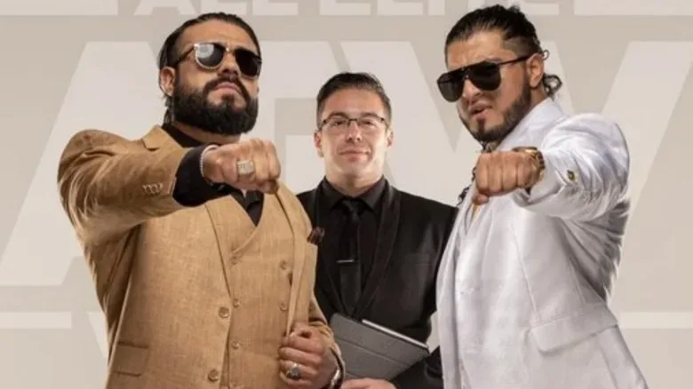 Andrade and Rush pose in an AEW photoshoot.