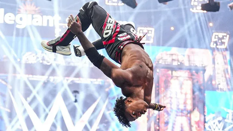 IShowSpeed mid-flip during his match at WrestleMania 42.
