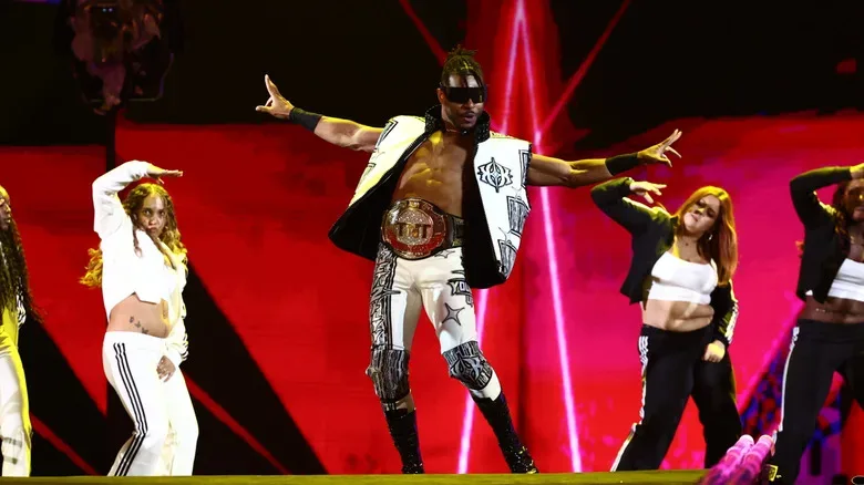Then-TNT Champion Kevin Knights makes his grand entrance, flanked by dancers, at AEW All In London 2026 before a title match against Darby Allin.