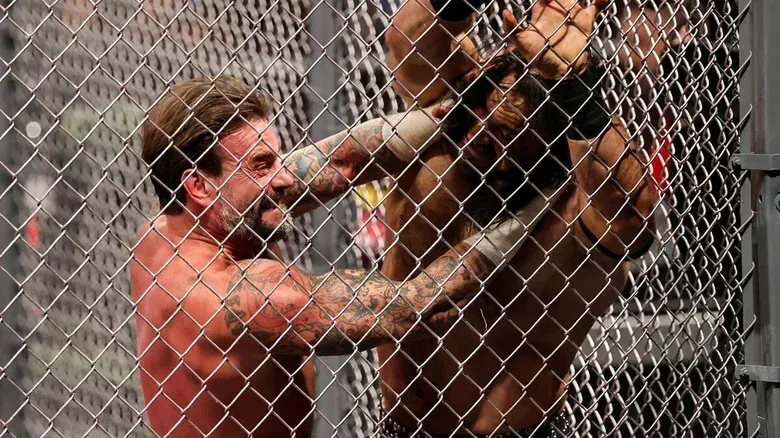 CM Punk and Drew McIntyre clashing during their October 2024 Hell in a Cell match at WWE Bad Blood.
