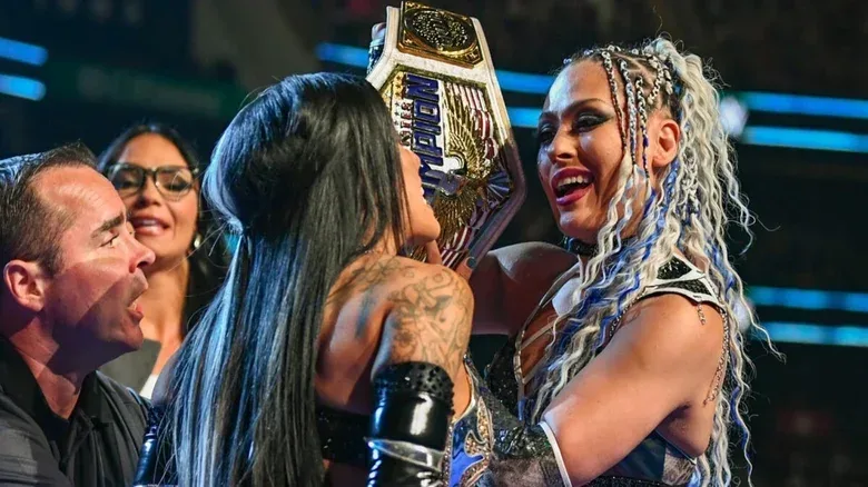 Giulia puts the Women's United States Championship in Zelina Vega's face ahead of their match on the August 1, 2025 edition of "WWE SmackDown."