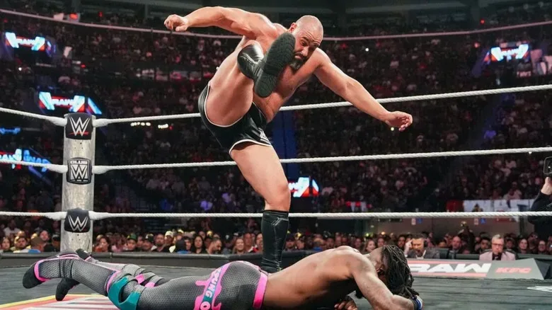 Rusev hits a stomp to Je'Von Evans in the middle of the ring during a match on a July 2026 episode of "WWE Raw."